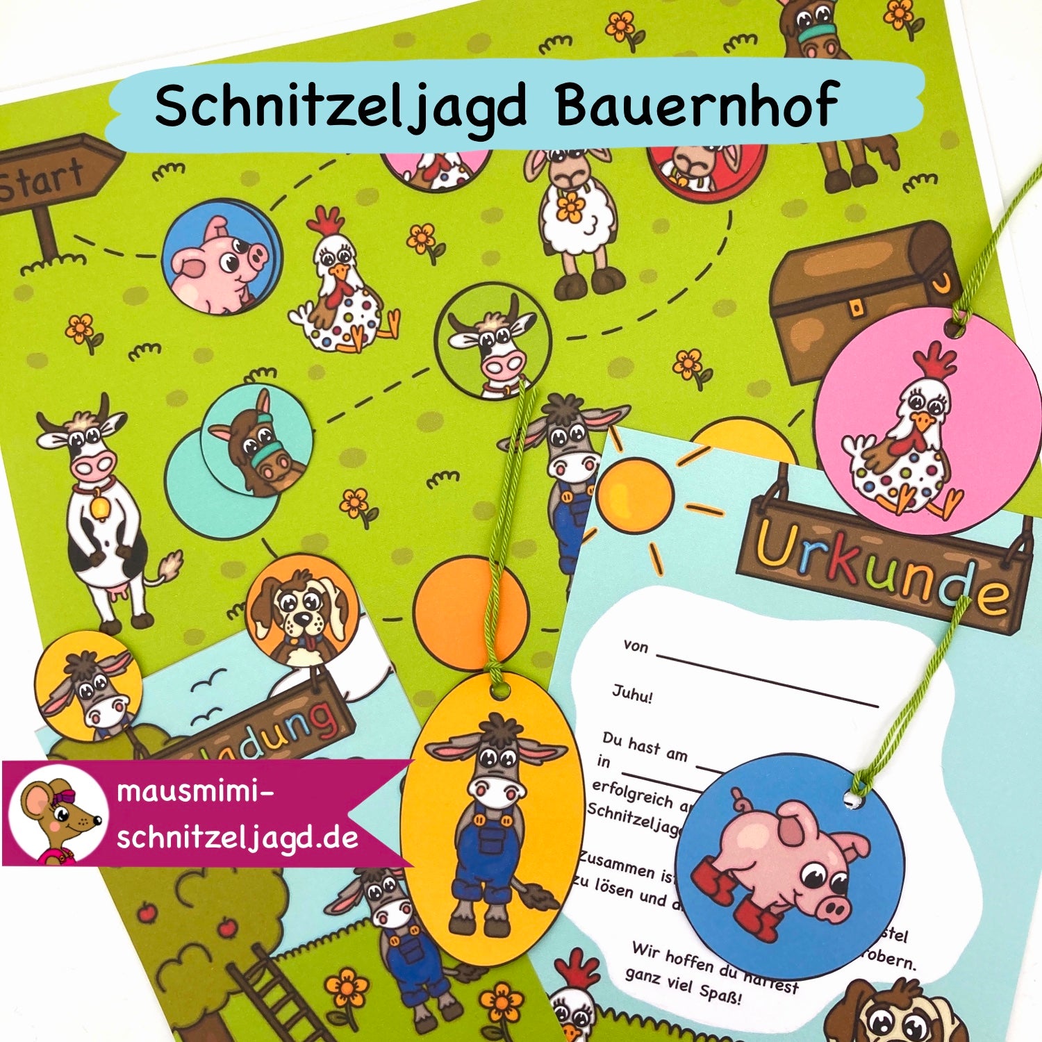 Schnitzeljagd/ Schatzsuche "Bauernhof" für Kinder von 4-6 Jahren. Hier siehst du die Schatzkarte mit den Stationen, die passende Einladung zum Geburtstag sowie die Urkunde für alle Teilnehmer/ Gäste