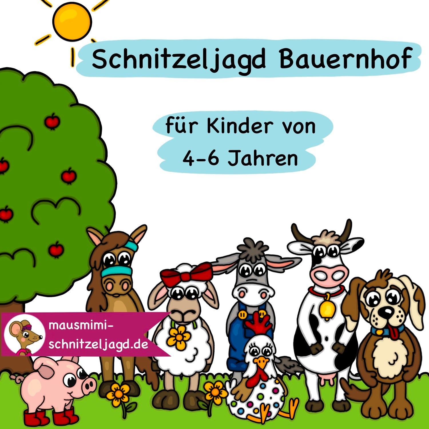 Schnitzeljagd/ Schatzsuche "Bauernhof" für Kinder von 4-6 Jahren. Mit einer spannenden Geschichte, Rätseln und altersgerechten Aufgaben für einen besonders schönen Kindergeburtstag als Download PDF zum selbst basteln und ausdrucken. Mit umfassender Anleitung. 