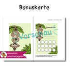 Bonuskarte „Affe“ für Kinder. Hier siehst du eine süße Bonuskarte mit gemaltem Motiv und dem Satz "Du bist super!" zum Ausdrucken als PDF-Download. Du kannst dein Kind ganz einfach motivieren und belohnen. Hier siehst du, wie die Druckdatei aufgebaut ist: Vorne und hinten bekommt jede Affirmationskarte das selbe Motiv. Deinen Ausdruck einfach an der gestrichelten Linie falten, dann die Seiten zusammen kleben und ausschneiden. Fertig ist das Fleißkärtchen. 