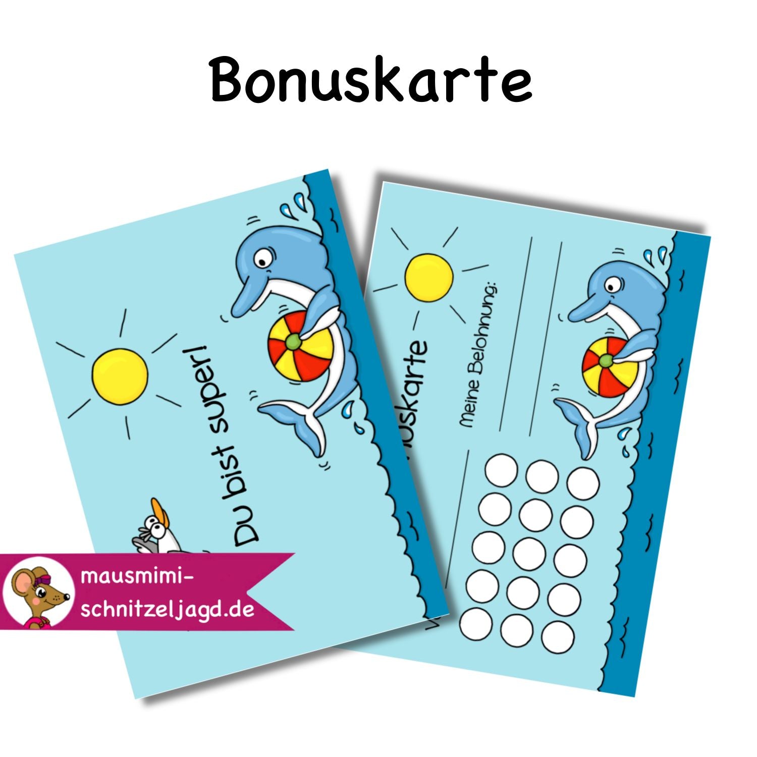Bonuskarte „Delfin“ für Kinder. Hier siehst du eine süße Bonuskarte mit gemaltem Motiv und dem Satz "Du bist super!" zum Ausdrucken als PDF-Download. Du kannst dein Kind ganz einfach motivieren und belohnen. Die kleinen Felder auf der Rückseite der Karte kannst du zum Beispiel stempeln, mit Stickern bekleben oder beschriften. Am Ende wartet dann eine tolle Belohnung auf dein Kind, die ihr vorher festlegt. 