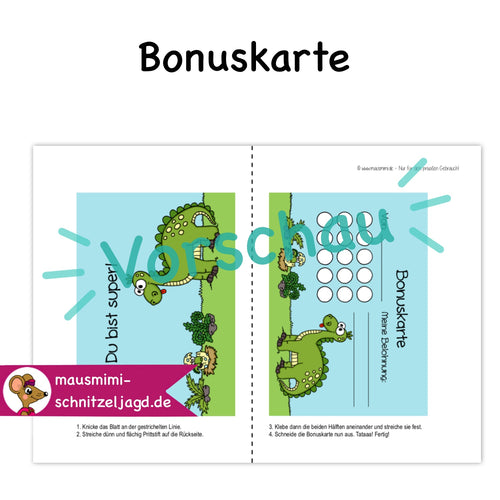 Bonuskarte „Dino/ Dinosaurier“ für Kinder. Hier siehst du eine süße Bonuskarte mit gemaltem Motiv und dem Satz "Du bist super!" zum Ausdrucken als PDF-Download. Du kannst dein Kind ganz einfach motivieren und belohnen. Hier siehst du, wie die Druckdatei aufgebaut ist: Vorne und hinten bekommt jede Affirmationskarte das selbe Motiv. Deinen Ausdruck einfach an der gestrichelten Linie falten, dann die Seiten zusammen kleben und ausschneiden. Fertig ist das Fleißkärtchen. 