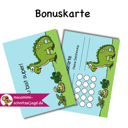 Bonuskarte „Dino/ Dinosaurier“ für Kinder. Hier siehst du eine süße Bonuskarte mit gemaltem Motiv und dem Satz "Du bist super!" zum Ausdrucken als PDF-Download. Du kannst dein Kind ganz einfach motivieren und belohnen. Die kleinen Felder auf der Rückseite der Karte kannst du zum Beispiel stempeln, mit Stickern bekleben oder beschriften. Am Ende wartet dann eine tolle Belohnung auf dein Kind, die ihr vorher festlegt. 