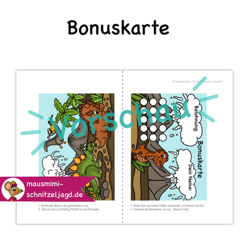 Bonuskarte „Dinosaurier“ für Kinder. Hier siehst du eine süße Bonuskarte mit gemaltem Motiv und dem Satz "Du bist super!" zum Ausdrucken als PDF-Download. Du kannst dein Kind ganz einfach motivieren und belohnen. Hier siehst du, wie die Druckdatei aufgebaut ist: Vorne und hinten bekommt jede Affirmationskarte das selbe Motiv. Deinen Ausdruck einfach an der gestrichelten Linie falten, dann die Seiten zusammen kleben und ausschneiden. Fertig ist das Fleißkärtchen. 
