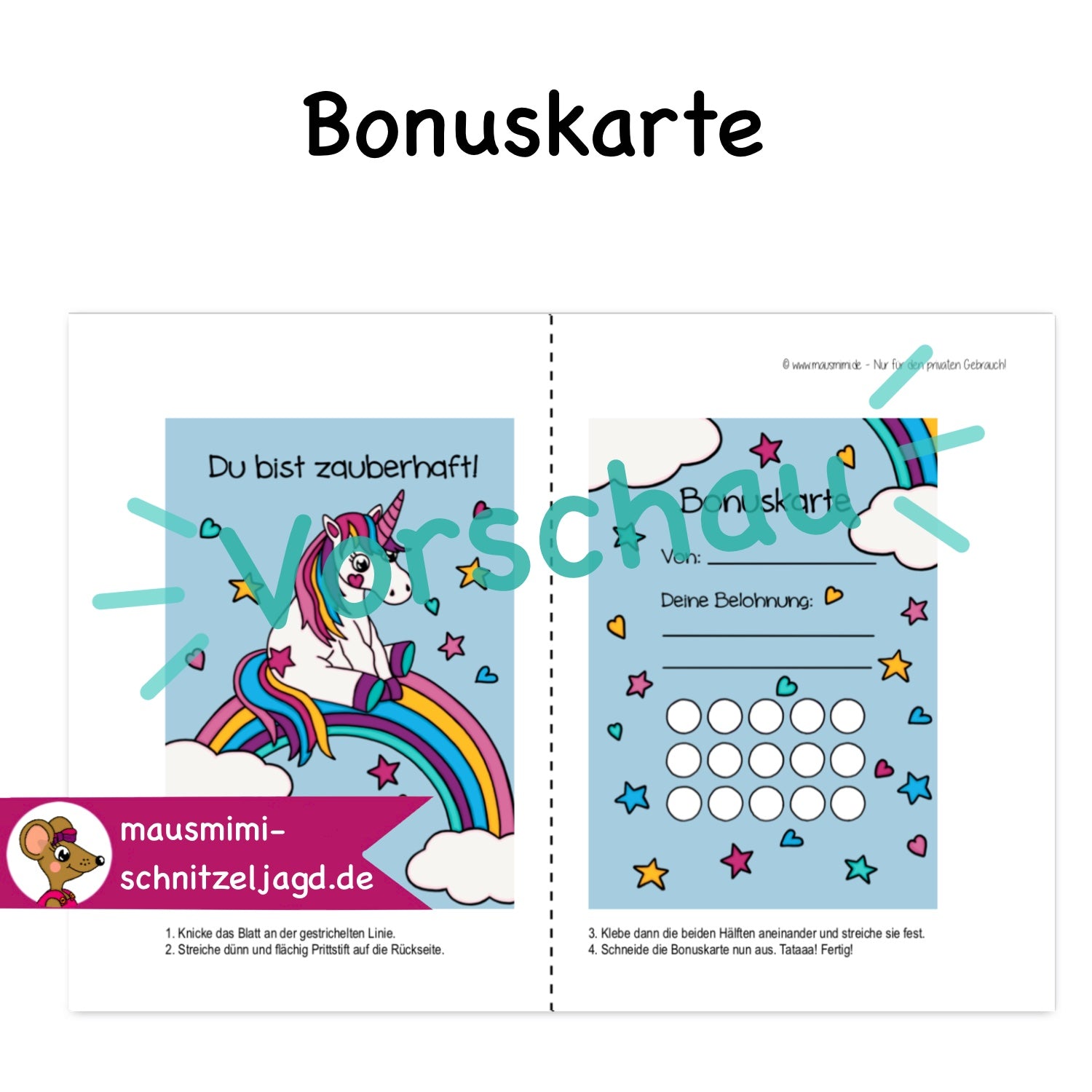 Bonuskarte „Einhorn“ für Kinder. Hier siehst du eine süße Bonuskarte mit gemaltem Motiv und dem Satz "Du bist super!" zum Ausdrucken als PDF-Download. Du kannst dein Kind ganz einfach motivieren und belohnen. Hier siehst du, wie die Druckdatei aufgebaut ist: Vorne und hinten bekommt jede Affirmationskarte das selbe Motiv. Deinen Ausdruck einfach an der gestrichelten Linie falten, dann die Seiten zusammen kleben und ausschneiden. Fertig ist das Fleißkärtchen. 
