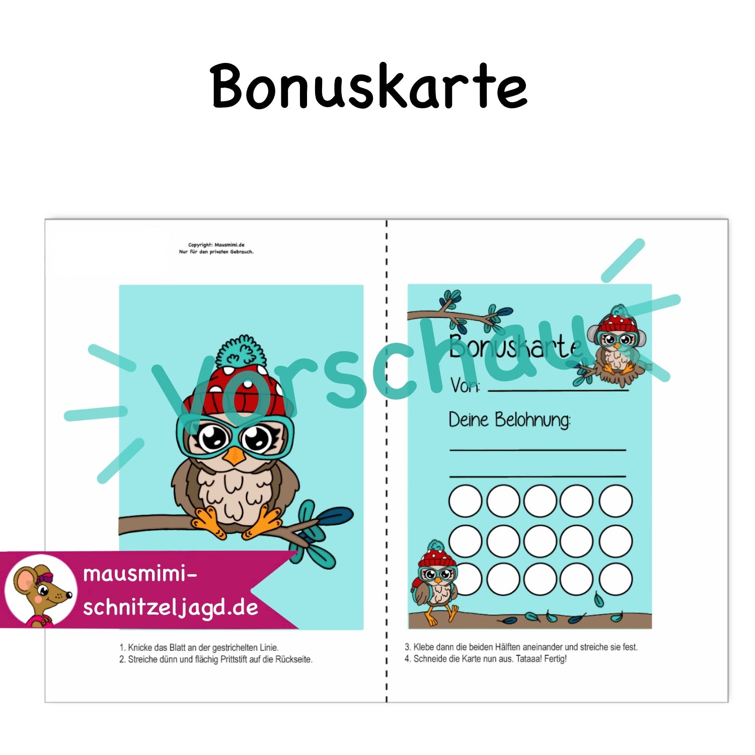 Bonuskarte „Eule“ für Kinder. Hier siehst du eine süße Bonuskarte mit gemaltem Motiv und dem Satz "Du bist super!" zum Ausdrucken als PDF-Download. Du kannst dein Kind ganz einfach motivieren und belohnen. Hier siehst du, wie die Druckdatei aufgebaut ist: Vorne und hinten bekommt jede Affirmationskarte das selbe Motiv. Deinen Ausdruck einfach an der gestrichelten Linie falten, dann die Seiten zusammen kleben und ausschneiden. Fertig ist das Fleißkärtchen. 