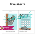 Bonuskarte „Faultier“ für Kinder. Hier siehst du eine süße Bonuskarte mit gemaltem Motiv und dem Satz "Du bist super!" zum Ausdrucken als PDF-Download. Du kannst dein Kind ganz einfach motivieren und belohnen. Hier siehst du, wie die Druckdatei aufgebaut ist: Vorne und hinten bekommt jede Affirmationskarte das selbe Motiv. Deinen Ausdruck einfach an der gestrichelten Linie falten, dann die Seiten zusammen kleben und ausschneiden. Fertig ist das Fleißkärtchen. 
