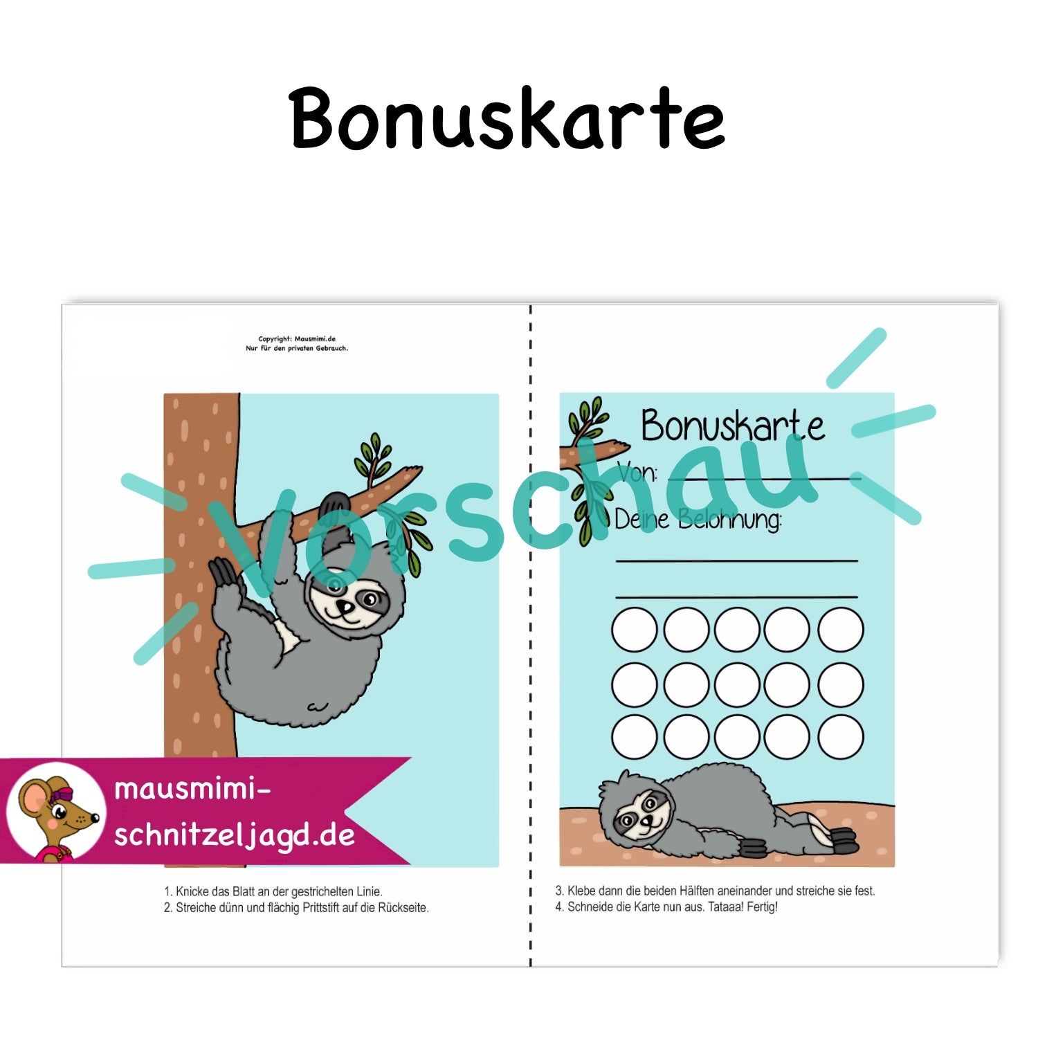 Bonuskarte „Faultier“ für Kinder. Hier siehst du eine süße Bonuskarte mit gemaltem Motiv und dem Satz "Du bist super!" zum Ausdrucken als PDF-Download. Du kannst dein Kind ganz einfach motivieren und belohnen. Hier siehst du, wie die Druckdatei aufgebaut ist: Vorne und hinten bekommt jede Affirmationskarte das selbe Motiv. Deinen Ausdruck einfach an der gestrichelten Linie falten, dann die Seiten zusammen kleben und ausschneiden. Fertig ist das Fleißkärtchen. 
