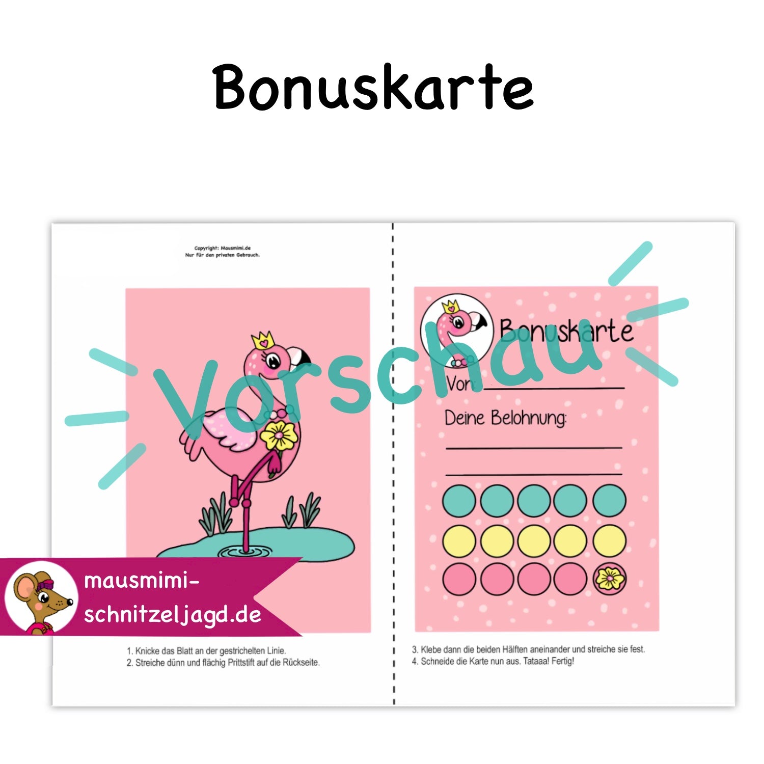 Bonuskarte „Flamingo“ für Kinder. Hier siehst du eine süße Bonuskarte mit gemaltem Motiv und dem Satz "Du bist super!" zum Ausdrucken als PDF-Download. Du kannst dein Kind ganz einfach motivieren und belohnen. Hier siehst du, wie die Druckdatei aufgebaut ist: Vorne und hinten bekommt jede Affirmationskarte das selbe Motiv. Deinen Ausdruck einfach an der gestrichelten Linie falten, dann die Seiten zusammen kleben und ausschneiden. Fertig ist das Fleißkärtchen. 