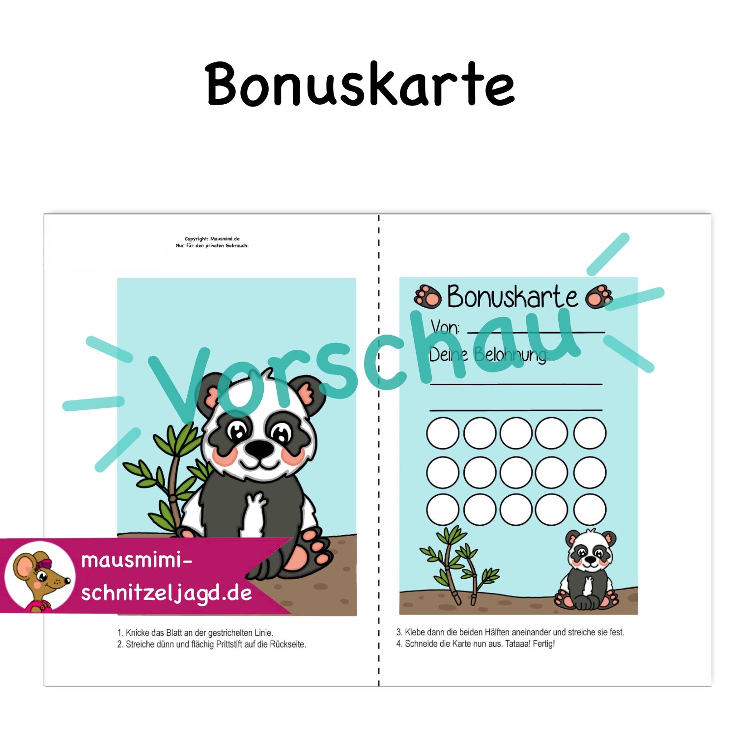 Bonuskarte „Panda“ für Kinder. Hier siehst du eine süße Bonuskarte mit gemaltem Motiv und dem Satz "Du bist super!" zum Ausdrucken als PDF-Download. Du kannst dein Kind ganz einfach motivieren und belohnen. Hier siehst du, wie die Druckdatei aufgebaut ist: Vorne und hinten bekommt jede Affirmationskarte das selbe Motiv. Deinen Ausdruck einfach an der gestrichelten Linie falten, dann die Seiten zusammen kleben und ausschneiden. Fertig ist das Fleißkärtchen. 