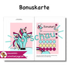 Bonuskarte „Pegasus“ für Kinder. Hier siehst du eine süße Bonuskarte mit gemaltem Motiv und dem Satz "Du bist super!" zum Ausdrucken als PDF-Download. Du kannst dein Kind ganz einfach motivieren und belohnen. Hier siehst du, wie die Druckdatei aufgebaut ist: Vorne und hinten bekommt jede Affirmationskarte das selbe Motiv. Deinen Ausdruck einfach an der gestrichelten Linie falten, dann die Seiten zusammen kleben und ausschneiden. Fertig ist das Fleißkärtchen. 
