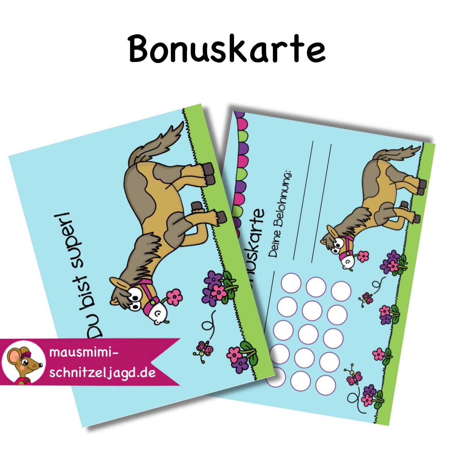 Bonuskarte „Pferd/ Pony“ für Kinder. Hier siehst du eine süße Bonuskarte mit gemaltem Motiv und dem Satz "Du bist super!" zum Ausdrucken als PDF-Download. Du kannst dein Kind ganz einfach motivieren und belohnen. Die kleinen Felder auf der Rückseite der Karte kannst du zum Beispiel stempeln, mit Stickern bekleben oder beschriften. Am Ende wartet dann eine tolle Belohnung auf dein Kind, die ihr vorher festlegt. 