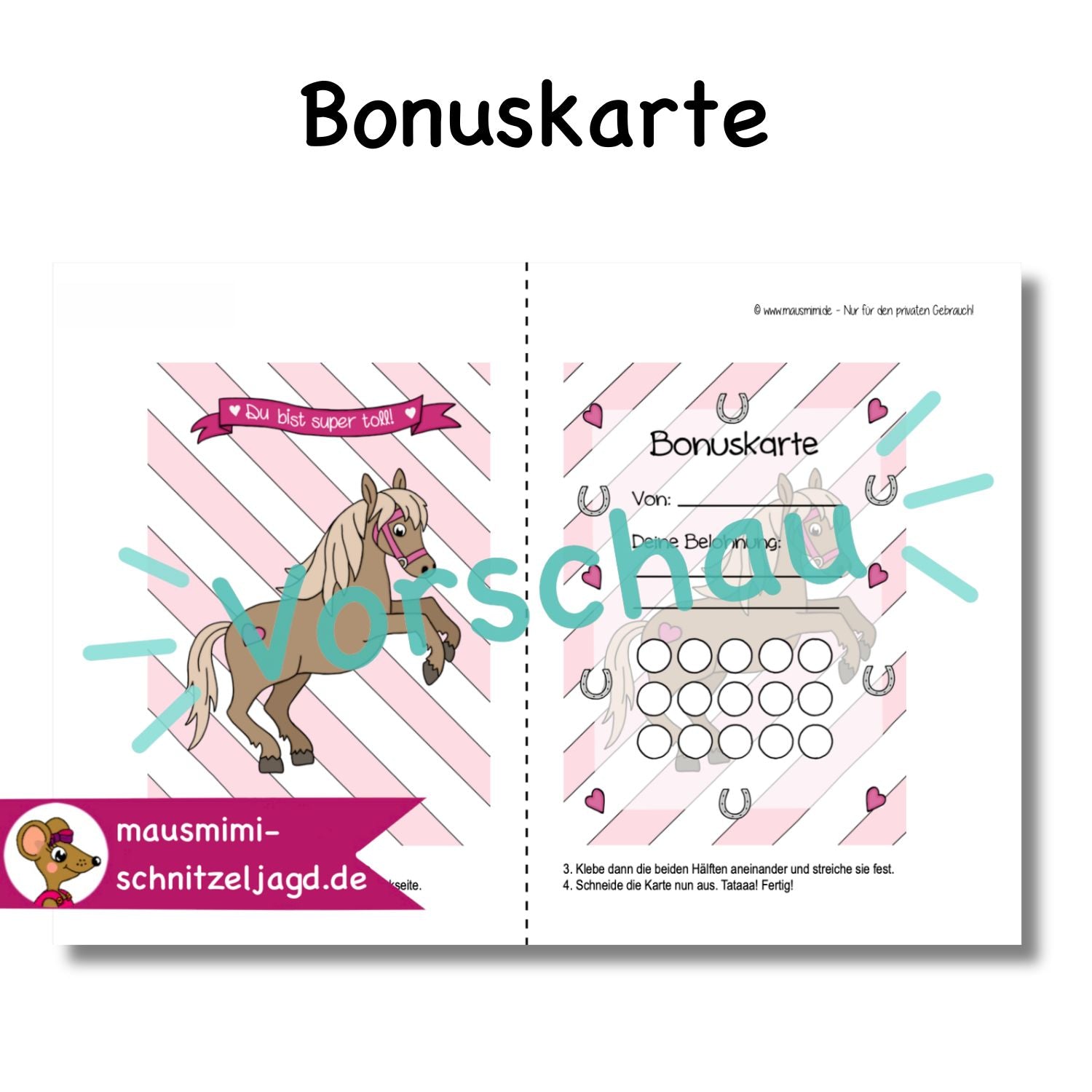 Bonuskarte „Pferd/ Pferdemädchen“ für Kinder. Hier siehst du eine süße Bonuskarte mit gemaltem Motiv und dem Satz "Du bist super!" zum Ausdrucken als PDF-Download. Du kannst dein Kind ganz einfach motivieren und belohnen. Hier siehst du, wie die Druckdatei aufgebaut ist: Vorne und hinten bekommt jede Affirmationskarte das selbe Motiv. Deinen Ausdruck einfach an der gestrichelten Linie falten, dann die Seiten zusammen kleben und ausschneiden. Fertig ist das Fleißkärtchen. 