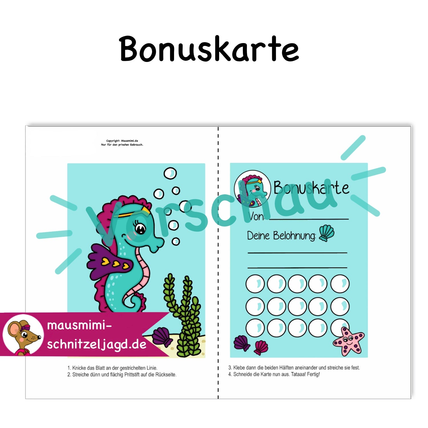 Bonuskarte „Seepferdchen“ für Kinder. Hier siehst du eine süße Bonuskarte mit gemaltem Motiv und dem Satz "Du bist super!" zum Ausdrucken als PDF-Download. Du kannst dein Kind ganz einfach motivieren und belohnen. Hier siehst du, wie die Druckdatei aufgebaut ist: Vorne und hinten bekommt jede Affirmationskarte das selbe Motiv. Deinen Ausdruck einfach an der gestrichelten Linie falten, dann die Seiten zusammen kleben und ausschneiden. Fertig ist das Fleißkärtchen. 