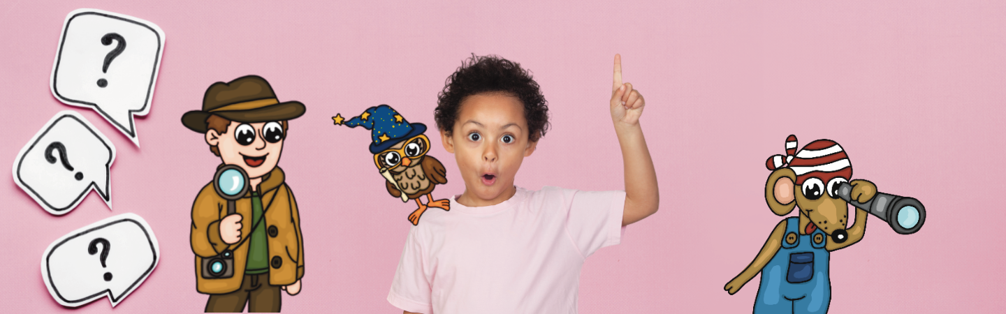 Kind mit Mausmimi-Figuren und Fragezeichen – FAQ zu Schnitzeljagden für Kinder