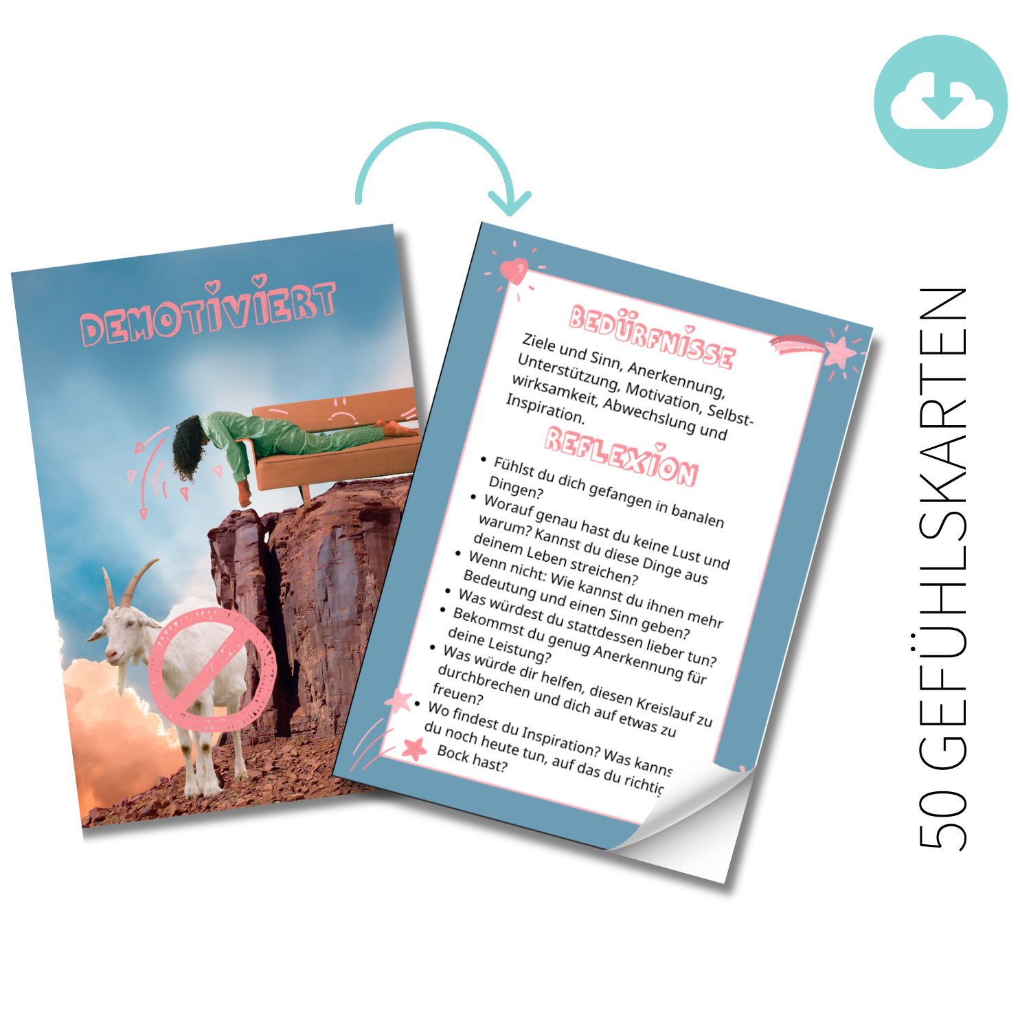 Beispielkarte- Gefühlskarte "demotiviert" mit Vorder- und Rückseite in der Ansicht. Aus dem Produkt 50 Gefühlskarten für Erwachsene als Druckdatei - Download als PDF. Du bekommst deine Datei direkt im Anschluss an deine Bestellung. Mit 25 negativen und 25 positiven Gefühlen. Die eindeutigen Bilder auf der Vorderseite helfen dir zu identifizieren wie du dich fühlst. Auf der Rückseite findest du Reflexionsfragen und die (unerfüllten) Bedürfnisse, die hinter diesem Gefühl stehen.  