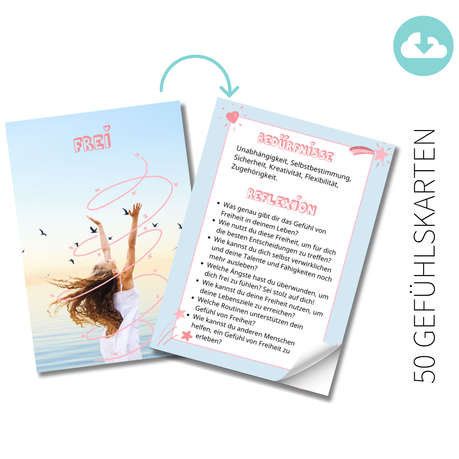 Beispielkarte- Gefühlskarte "frei" mit Vorder- und Rückseite in der Ansicht. Aus dem Produkt 50 Gefühlskarten für Erwachsene als Druckdatei - Download als PDF. Du bekommst deine Datei direkt im Anschluss an deine Bestellung. Mit 25 negativen und 25 positiven Gefühlen. Die eindeutigen Bilder auf der Vorderseite helfen dir zu identifizieren wie du dich fühlst. Auf der Rückseite findest du Reflexionsfragen und die (unerfüllten) Bedürfnisse, die hinter diesem Gefühl stehen.  