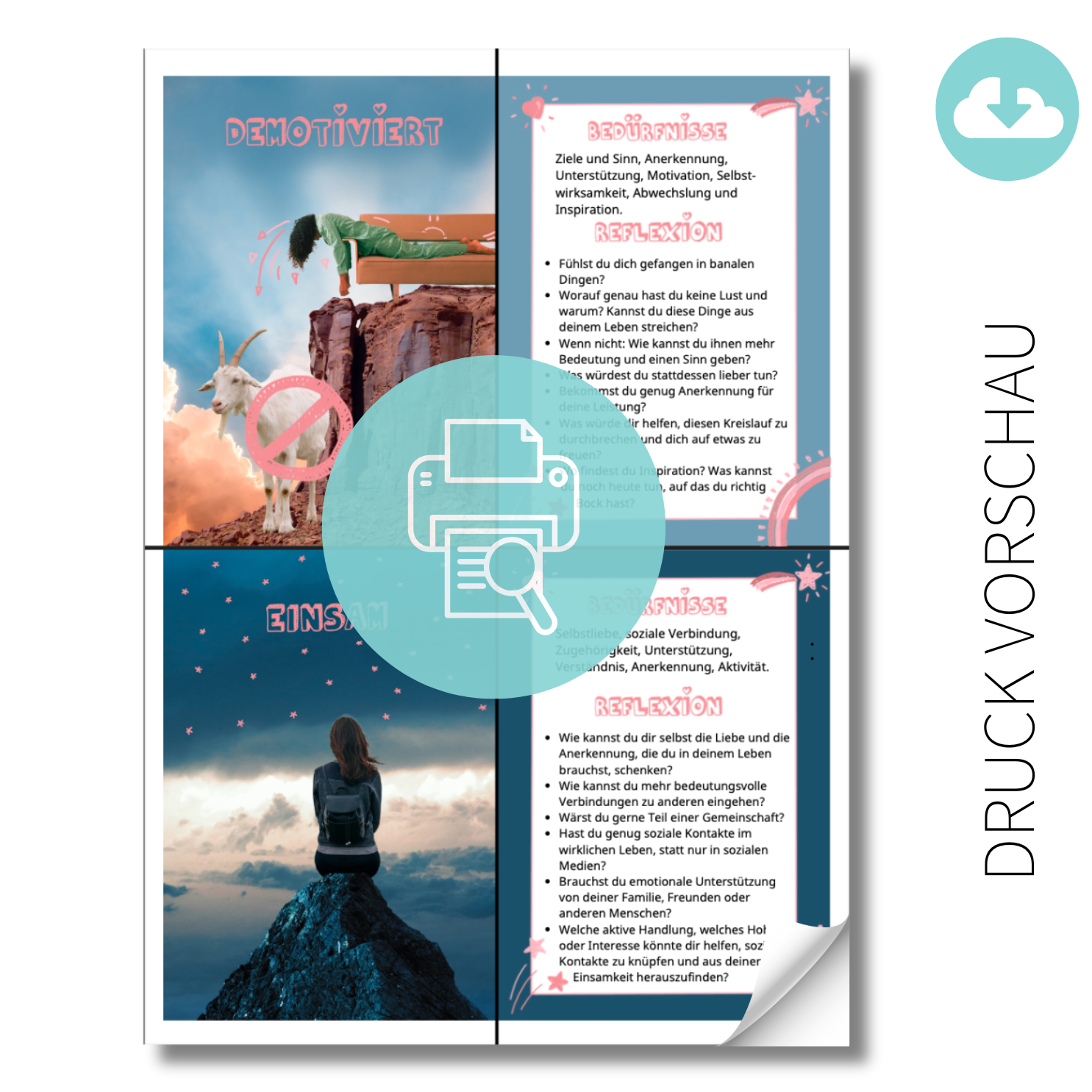 Übersicht Seite für den Ausdruck aus dem Produkt 50 Gefühlskarten für Erwachsene als Druckdatei - Download als PDF. Du bekommst deine Datei direkt im Anschluss an deine Bestellung. Mit 25 negativen und 25 positiven Gefühlen. Die eindeutigen Bilder auf der Vorderseite helfen dir zu identifizieren wie du dich fühlst. Auf der Rückseite findest du Reflexionsfragen und die (unerfüllten) Bedürfnisse, die hinter diesem Gefühl stehen.  