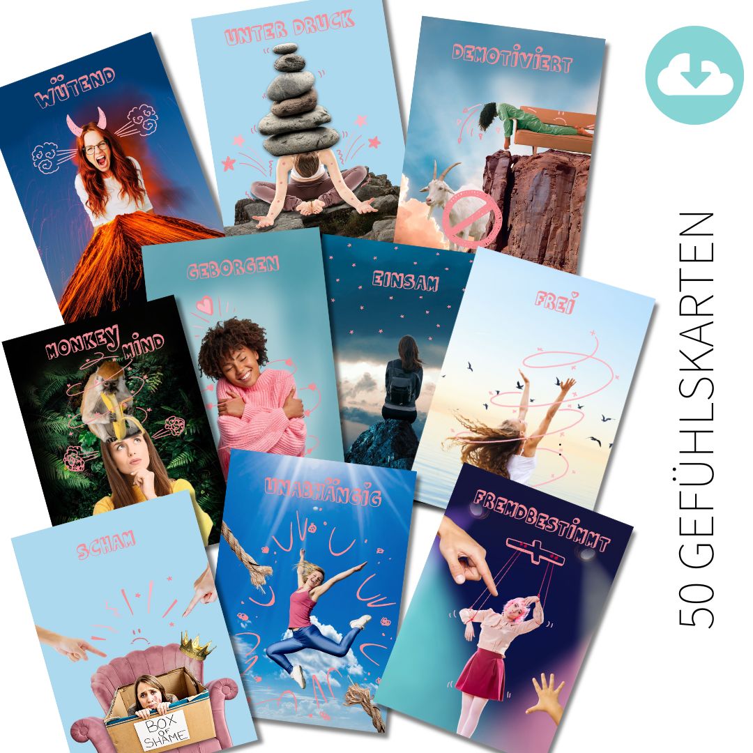 50 Gefühlskarten für Erwachsene als Druckdatei - Download als PDF. Du bekommst deine Datei direkt im Anschluss an deine Bestellung. Mit 25 negativen und 25 positiven Gefühlen. Die eindeutigen Bilder auf der Vorderseite helfen dir zu identifizieren wie du dich fühlst. Auf der Rückseite findest du Reflexionsfragen und die (unerfüllten) Bedürfnisse, die hinter diesem Gefühl stehen.  