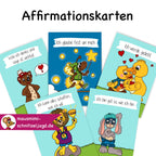 5 Affirmationskarten "starkes Selbstbewusstsein" für Kinder als Druckdatei PDF. Mit Affirmationen (einfachen, positiven Sätzen), kannst du das Unterbewusstsein deines Kindes mit einem positiven Glauben an sich selbst stärken. Hier sind die folgenden 5 Affirmationen mit süßen, kinderechten und eindeutigen Bebilderungen zu sehen: Was ich denke und sage ist wichtig. Ich werde geliebt. Ich glaube fest an mich. Ich bin gut so, wie ich bin. Ich kann alles schaffen, was ich will. 