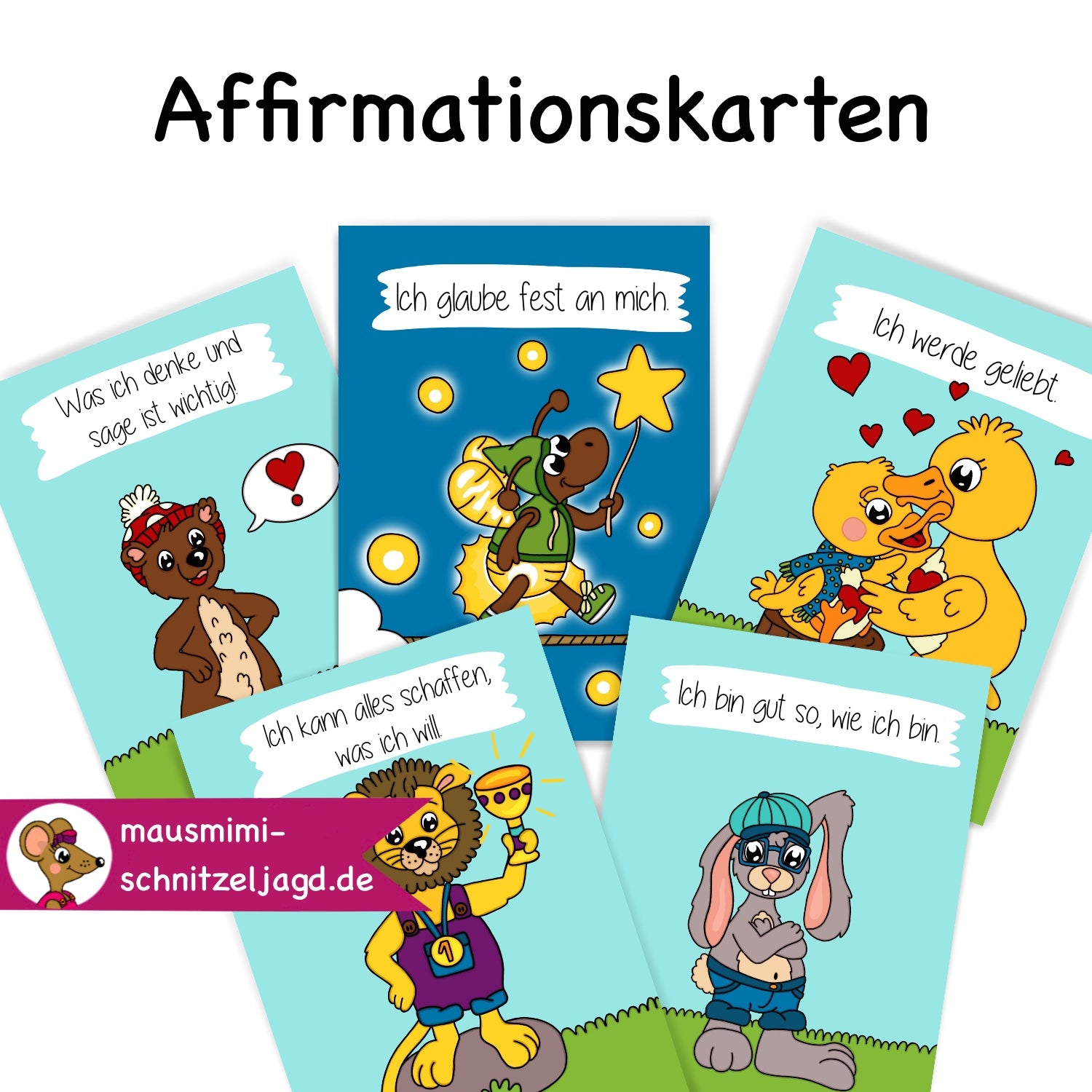 5 Affirmationskarten "starkes Selbstbewusstsein" für Kinder als Druckdatei PDF. Mit Affirmationen (einfachen, positiven Sätzen), kannst du das Unterbewusstsein deines Kindes mit einem positiven Glauben an sich selbst stärken. Hier sind die folgenden 5 Affirmationen mit süßen, kinderechten und eindeutigen Bebilderungen zu sehen: Was ich denke und sage ist wichtig. Ich werde geliebt. Ich glaube fest an mich. Ich bin gut so, wie ich bin. Ich kann alles schaffen, was ich will. 