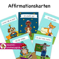 5 Affirmationskarten „Schule“ für Kinder als Druckdatei PDF. Mit Affirmationen (einfachen, positiven Sätzen), kannst du das Unterbewusstsein deines Kindes mit einem positiven Glauben an sich selbst stärken. Hier sind die folgenden 5 Affirmationen mit süßen, kinderechten und eindeutigen Bebilderungen zu sehen: Lernen fällt mir leicht. Ich schaffe das! Ich kann auch … (mit einsetzbarem Wort, z.B. Mathe). Ich bin schlau. Ich darf Fehler machen. 
