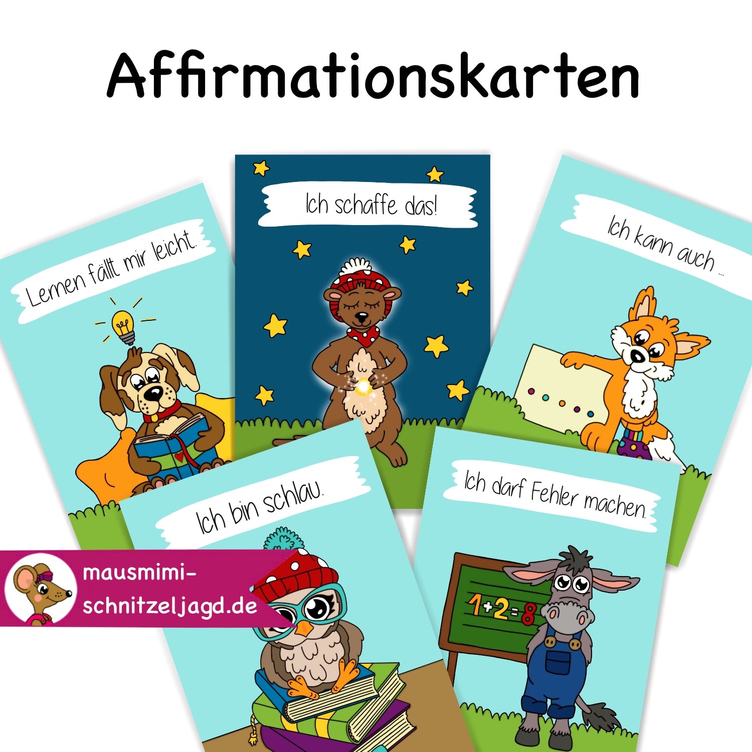 5 Affirmationskarten „Schule“ für Kinder als Druckdatei PDF. Mit Affirmationen (einfachen, positiven Sätzen), kannst du das Unterbewusstsein deines Kindes mit einem positiven Glauben an sich selbst stärken. Hier sind die folgenden 5 Affirmationen mit süßen, kinderechten und eindeutigen Bebilderungen zu sehen: Lernen fällt mir leicht. Ich schaffe das! Ich kann auch … (mit einsetzbarem Wort, z.B. Mathe). Ich bin schlau. Ich darf Fehler machen. 