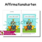 5 Affirmationskarten "Schule" für Kinder als Druckdatei PDF. Mit Affirmationen (einfachen, positiven Sätzen), kannst du das Unterbewusstsein deines Kindes mit einem positiven Glauben an sich selbst stärken. Hier siehst du, wie die Druckdatei aufgebaut ist: Vorne und hinten bekommt jede Affirmationskarte das selbe Motiv. 