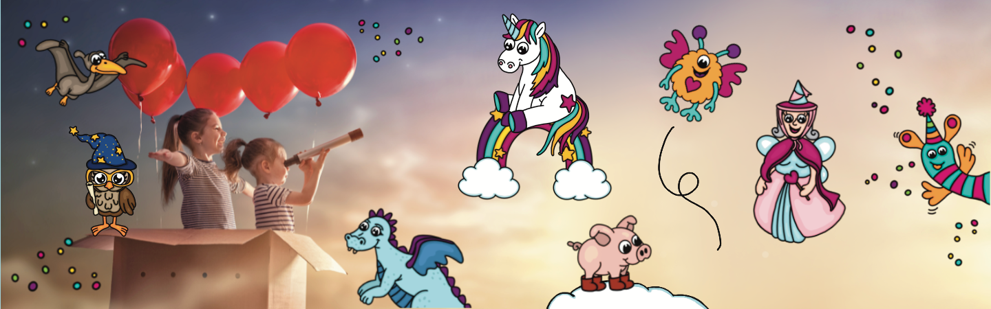 Kinder fliegen in einem Karton der an roten Luftballons häng. Sie halten mit einem Fernrohr Ausschau nach verschiedene Figuren aus den Mausmimi Schatzsuchen. - Mausmimi hat fertige Schnitzeljagden für Kinder von 4-6, 5-8 und 7-10 Jahren. 
