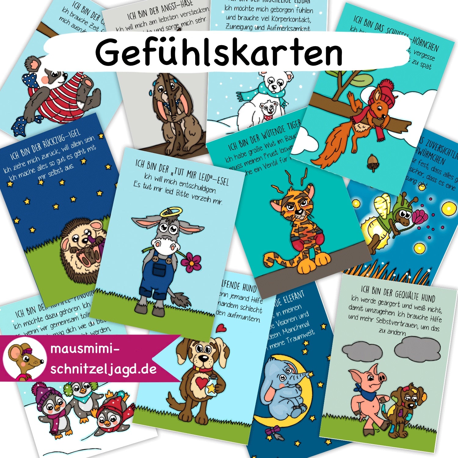 Gefühlskarten für Kinder - Druckdatei als PDF - Gefühle benennen und verstehen, mit Tipps für die Eltern bezüglich der Bedürfnisse der Kinder auf der Rückseite  