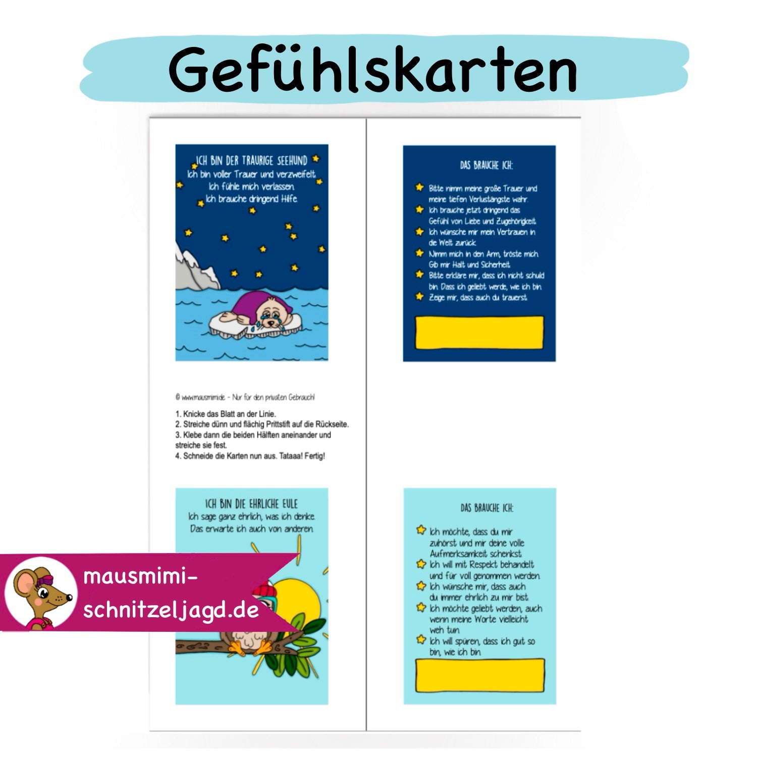 Gefühlskarten für Kinder - Druckdatei als PDF - Gefühle benennen und verstehen. So sieht die Druckdatei aus. In der Mitte falten, kleben und dann ausschneiden