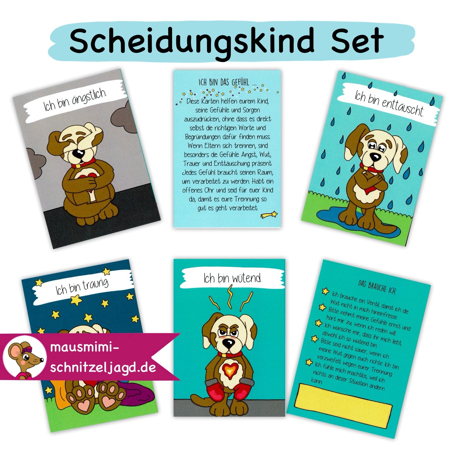 Set für Scheidungskinder - erste Hilfe und emotionale Unterstützung. Druckdatei Download als PDF. Übersicht der Gefühlskarten - ängstlich, enttäuscht, traurig, wütend 