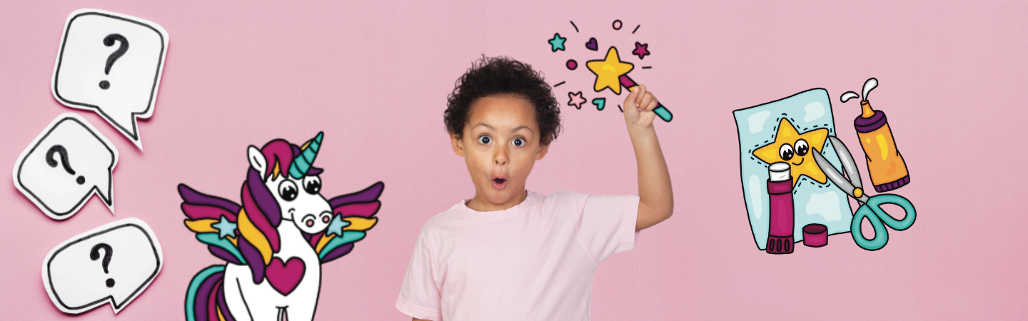 Header für den Bereich: Druck- und Basteltipps. Auf dem Bild sieht man ein Kind das zaubert - Kleber, Schere, Papier sowie ein Einhorn aus der Mausmimi Schatzsuche. 