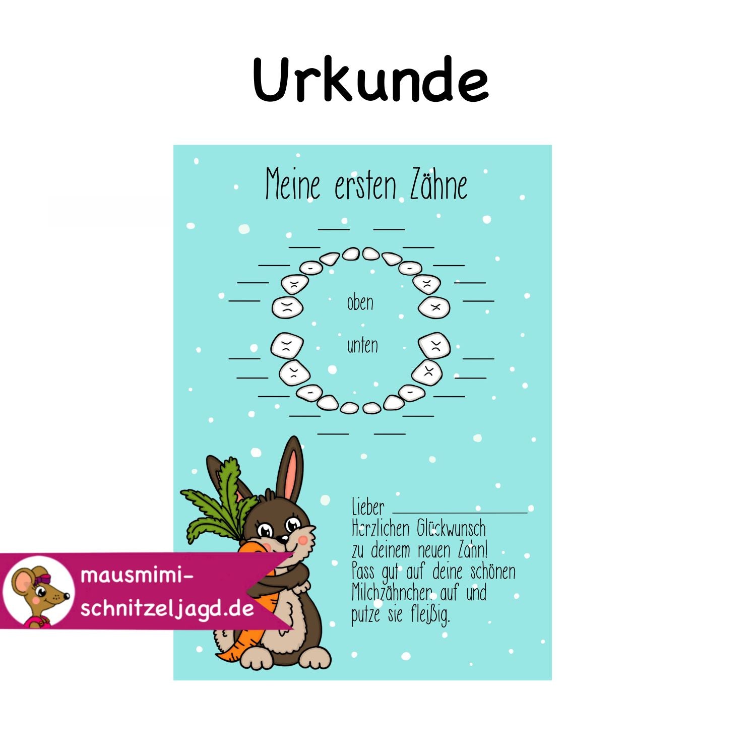 Urkunde „Meine ersten Zähne blau“ für dein Kind als Druckdatei (PDF) zum selbst ausdrucken. Du bekommst deine Datei direkt im Anschluss an deine Bestellung. Halte auf dieser schönen Urkunde fest, wann dein Baby seine ersten Zähnchen bekommen hat. Eine Erinnerung fürs Leben - und für euer Babyalbum. 