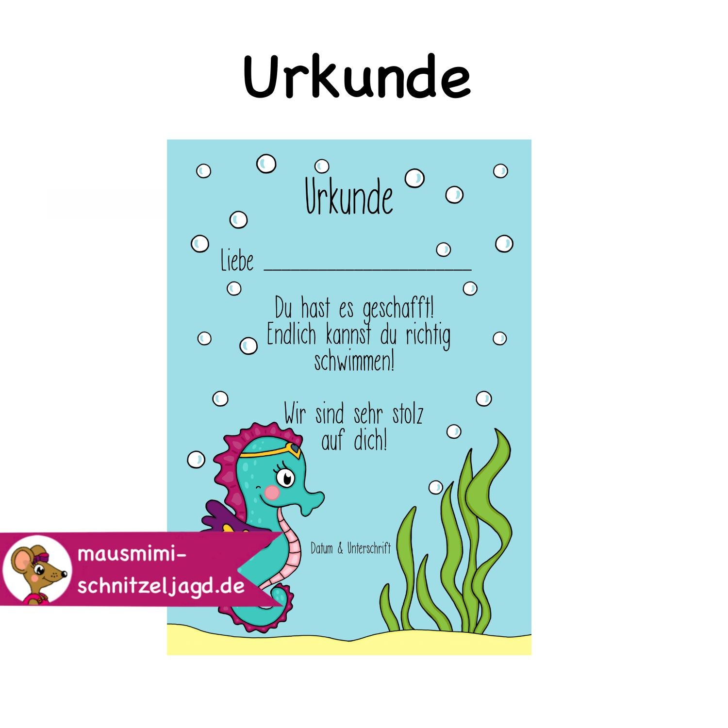 Urkunde "Seepferdchen" für dein Kind als Druckdatei (PDF) zum selbst ausdrucken. Du bekommst deine Datei direkt im Anschluss an deine Bestellung.  Diese schöne Urkunde ist eine wunderbare Überraschung für dein Kind, wenn es Schwimmen gelernt hat. Ihr könnt selbst alle wichtigen Details eintragen. So wird die Urkunde als kleines Geschenk eine schöne Erinnerung. Besonders hübsch wird es, wenn ihr die Karte noch einrahmt.