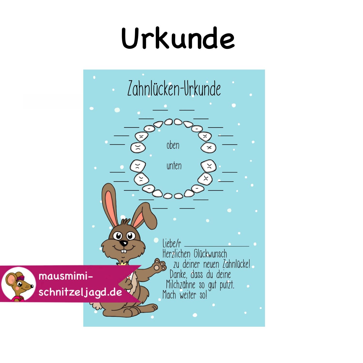 Urkunde von der „Zahnfee - Zahnlücken-Urkunde Hase"  für dein Kind als Druckdatei (PDF) zum selbst ausdrucken. Du bekommst deine Datei direkt im Anschluss an deine Bestellung. Halte fest, wann dein Kind seine Milchzähne verloren hat. Diese schöne Urkunde von der Zahnfee ist ein wunderbares Geschenk für dein Kind. Es wird sie mit Stolz ausfüllen und sehen, wie viele Zähne es verloren hat. Diese Urkunde sieht auch wunderbar in einem Rahmen aus.
 