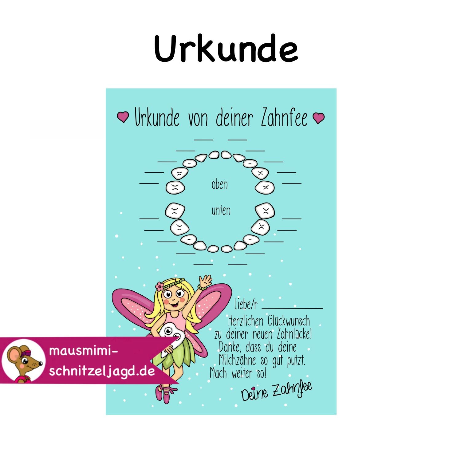 Urkunde von der „Zahnfee“ für dein Kind als Druckdatei (PDF) zum selbst ausdrucken. Du bekommst deine Datei direkt im Anschluss an deine Bestellung. Halte fest, wann dein Kind seine Milchzähne verloren hat. Diese schöne Urkunde von der Zahnfee ist ein wunderbares Geschenk für dein Kind. Es wird sie mit Stolz ausfüllen und sehen, wie viele Zähne es verloren hat. Diese Urkunde sieht auch wunderbar in einem Rahmen aus.