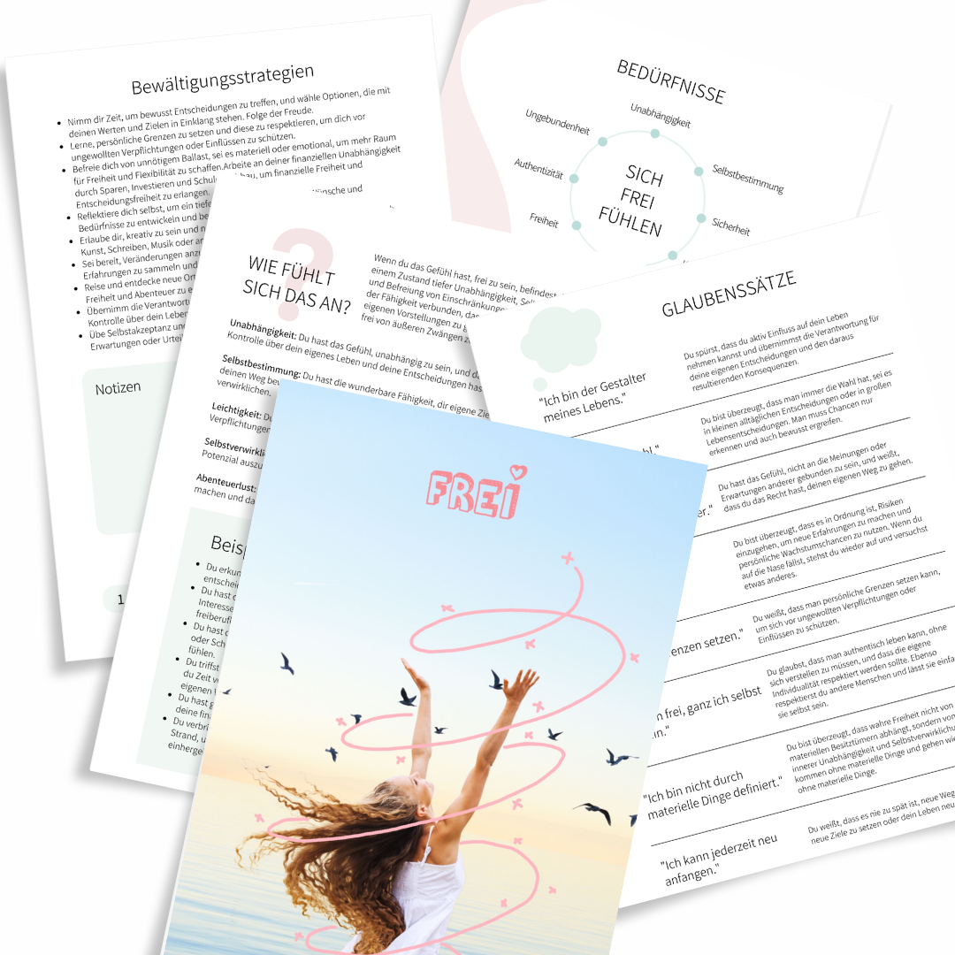 Mit Gefühlen arbeiten - Übersicht "Frei" aus dem Buch "Monkey Mind - das Buch der Gefühle". In diesem ebook findest du 50 Gefühle, die pro Emotion auf 4 Seiten detailliert beschrieben werden: Wie fühlt sich das an? In welchen Situationen fühlt man so? Welche Glaubenssätze stehen dahinter?
Und welche  Bedürfnisse? Zu jedem Gefühl gibt es Reflexionsfragen und Bewältigungsstrategien, damit du mit deinen Gefühlen arbeiten und sie bewältigen kannst. Buch als PDF-Download direkt nach dem Kauf. 