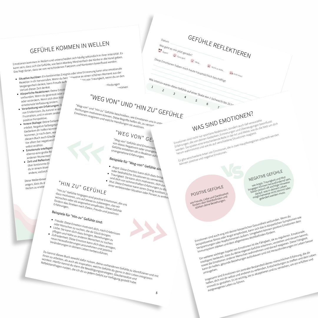 Übersicht und Inhalt "Monkey Mind - das Buch der Gefühle". In diesem ebook findest du 50 Gefühle, die pro Emotion auf 4 Seiten detailliert beschrieben werden: Wie fühlt sich das an? In welchen Situationen fühlt man so? Welche Glaubenssätze stehen dahinter?
Und welche  Bedürfnisse? Zu jedem Gefühl gibt es Reflexionsfragen und Bewältigungsstrategien, damit du mit deinen Gefühlen arbeiten und sie bewältigen kannst. Buch als PDF-Download direkt nach dem Kauf. 
