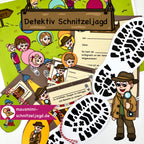 Schnitzeljagd/ Schatzsuche "Detektiv" für Kinder von 6-8 Jahren. Hier siehst du die Schatzkarte mit den Stationen, die passende Einladung zum Geburtstag sowie die Urkunde für alle Teilnehmer/ Gäste