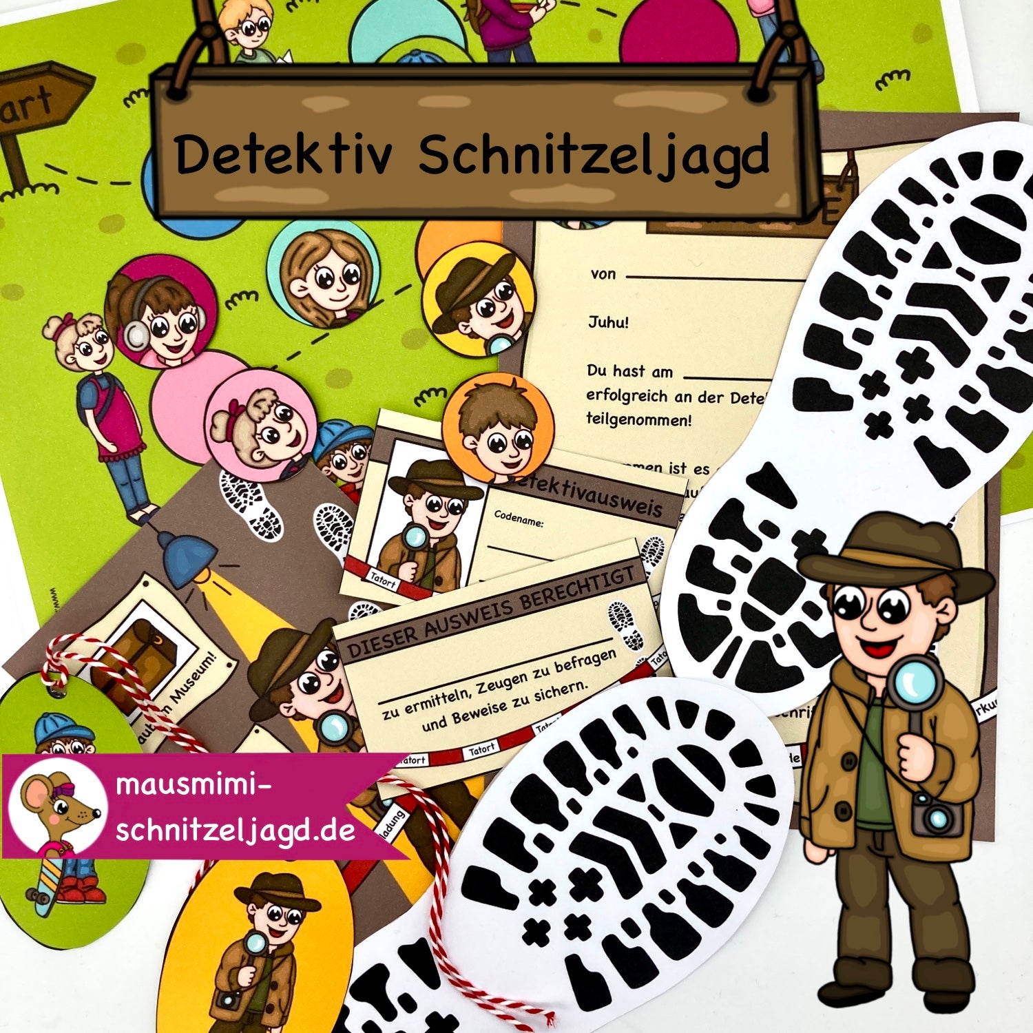 Schnitzeljagd/ Schatzsuche "Detektiv" für Kinder von 6-8 Jahren. Hier siehst du die Schatzkarte mit den Stationen, die passende Einladung zum Geburtstag sowie die Urkunde für alle Teilnehmer/ Gäste