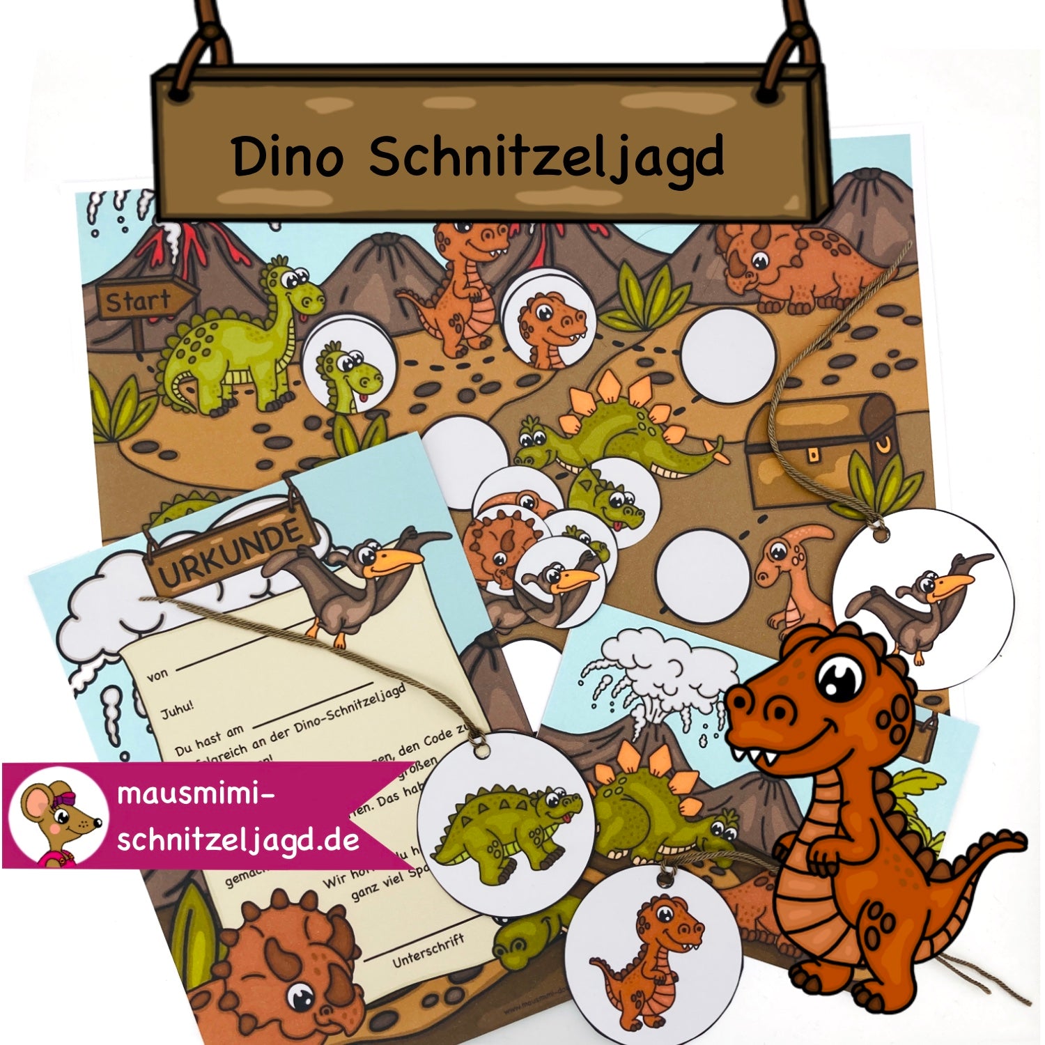Schnitzeljagd/ Schatzsuche "Dino" (Dinosaurier) für Kinder von 5-8 Jahren. Hier siehst du die Schatzkarte mit den Stationen, die passende Einladung zum Geburtstag sowie die Urkunde für alle Teilnehmer/ Gäste