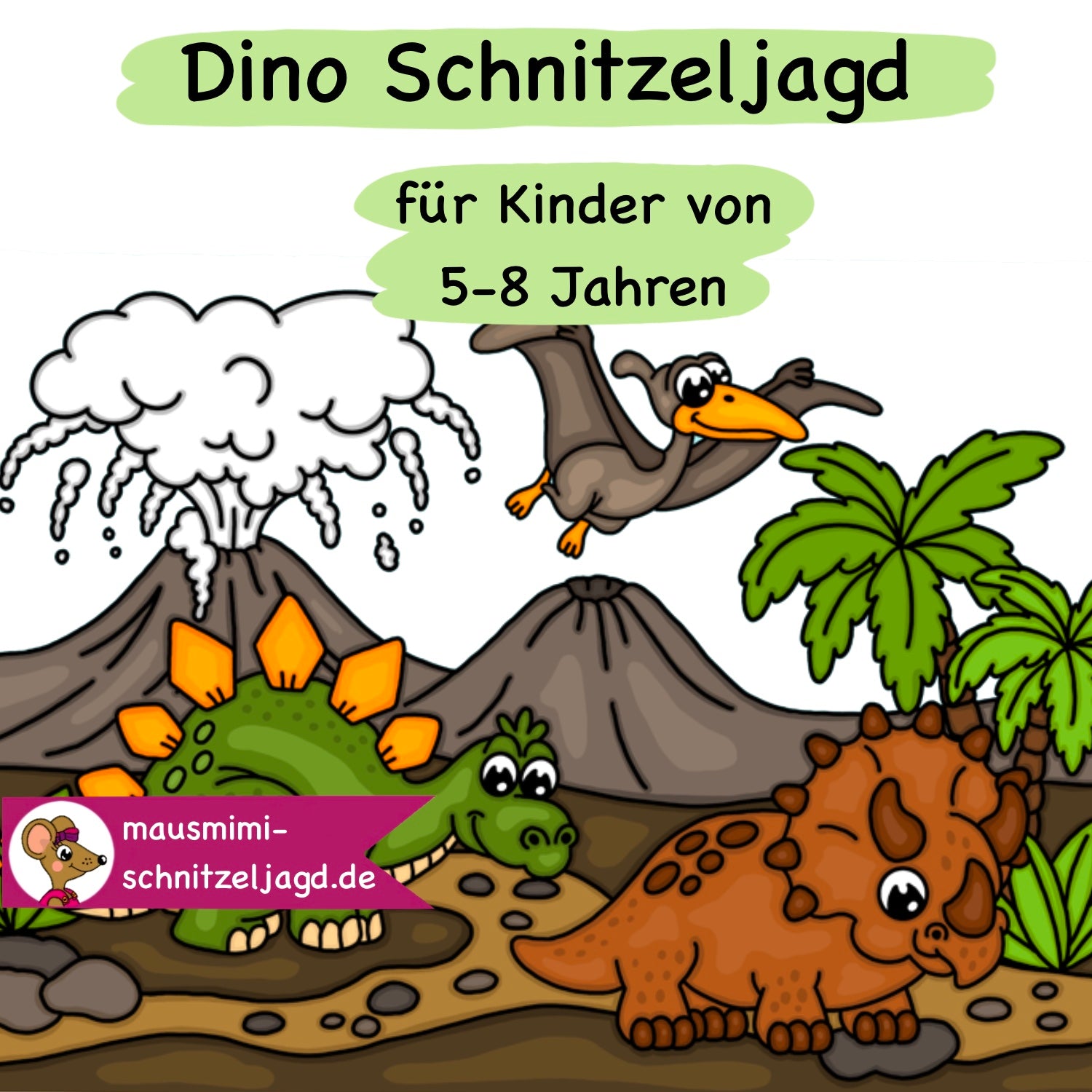 Schnitzeljagd/ Schatzsuche "Dino" (Dinosaurier) für Kinder von 5-8 Jahren. Mit einer spannenden Geschichte, Rätseln und altersgerechten Aufgaben für einen besonders schönen Kindergeburtstag als Download PDF zum selbst basteln und ausdrucken. Mit umfassender Anleitung. 
