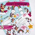 Schnitzeljagd/ Schatzsuche „Einhorn“ für Kinder von 5-8 Jahren. Hier siehst du die Schatzkarte mit den Stationen, die passende Einladung zum Geburtstag sowie die Urkunde für alle Teilnehmer/ Gäste