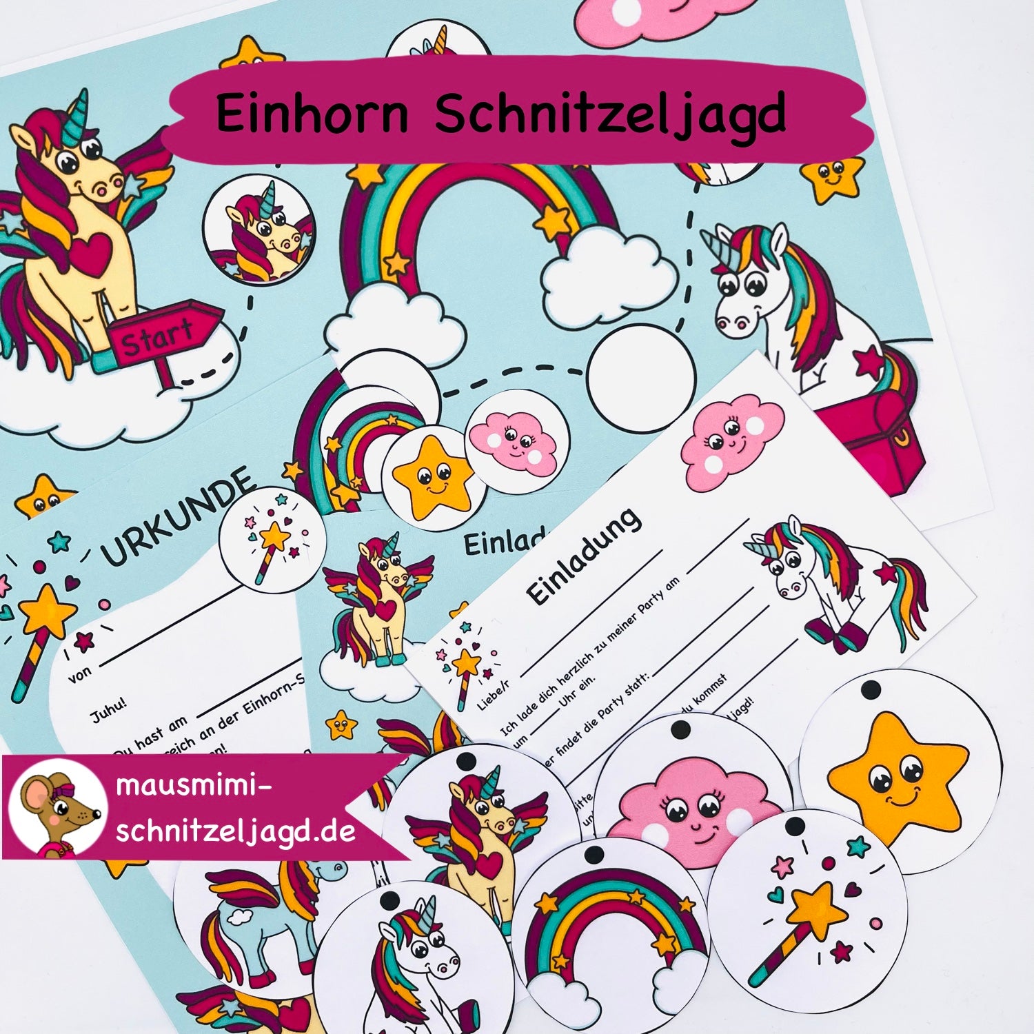 Schnitzeljagd/ Schatzsuche „Einhorn“ für Kinder von 5-8 Jahren. Hier siehst du die Schatzkarte mit den Stationen, die passende Einladung zum Geburtstag sowie die Urkunde für alle Teilnehmer/ Gäste