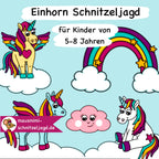 Schnitzeljagd/ Schatzsuche "Einhorn" für Kinder von 5-8 Jahren. Mit einer spannenden Geschichte, Rätseln und altersgerechten Aufgaben für einen besonders schönen Kindergeburtstag als Download PDF zum selbst basteln und ausdrucken. Mit umfassender Anleitung. 