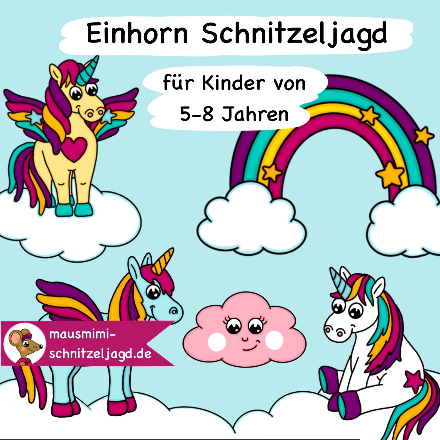 Schnitzeljagd/ Schatzsuche "Einhorn" für Kinder von 5-8 Jahren. Mit einer spannenden Geschichte, Rätseln und altersgerechten Aufgaben für einen besonders schönen Kindergeburtstag als Download PDF zum selbst basteln und ausdrucken. Mit umfassender Anleitung. 