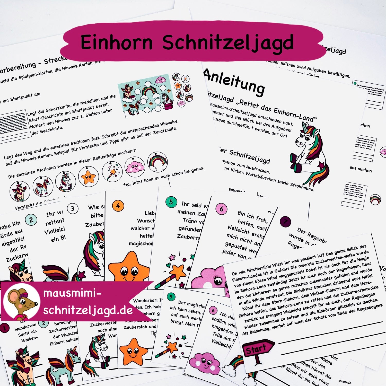 Schnitzeljagd/ Schatzsuche „Einhorn“ für Kinder von 5-8 Jahren. Hier siehst du eine Übersicht - Geschichte, Anleitung, Stationen und Tipps für einen spannenden Kindergeburtstag 