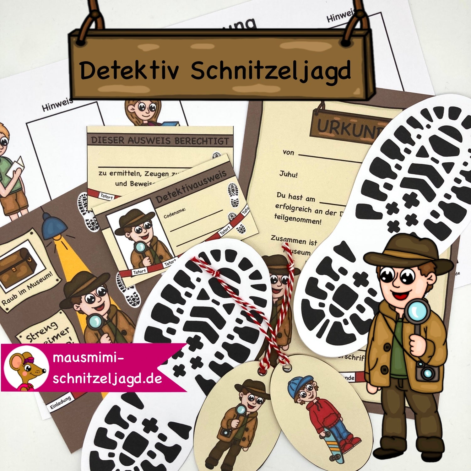 Schnitzeljagd/ Schatzsuche "Detektiv" für Kinder von 8-10 Jahren. Hier siehst du die Schatzkarte mit den Stationen, die passende Einladung zum Geburtstag sowie die Urkunde für alle Teilnehmer/ Gäste