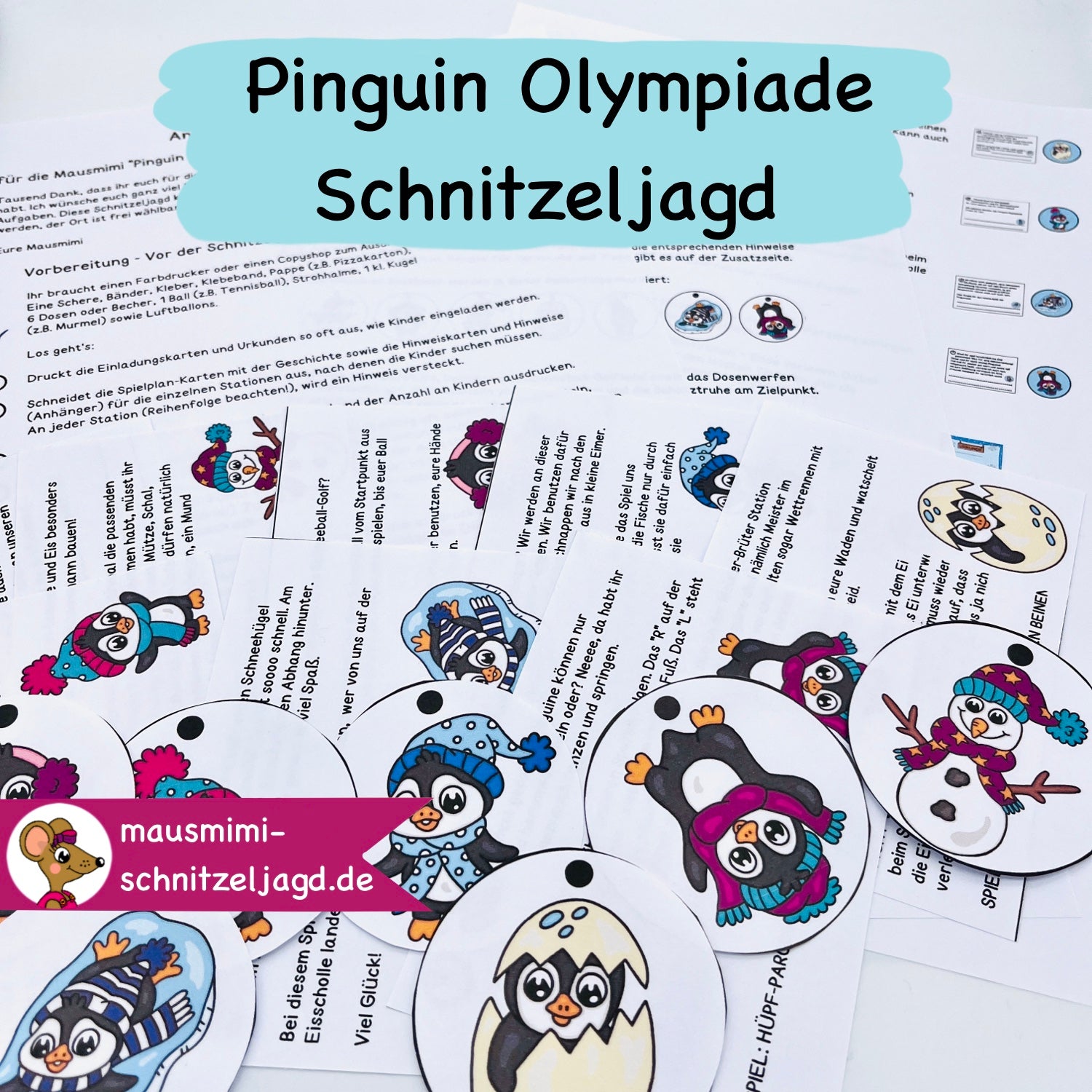 Aktive Schnitzeljagd/ Schatzsuche „Pinguin - Winter Olympiade“ für Kinder von 6-10 Jahren. Hier siehst du eine Übersicht - Geschichte, Anleitung, Stationen und Tipps für einen spannenden Kindergeburtstag 