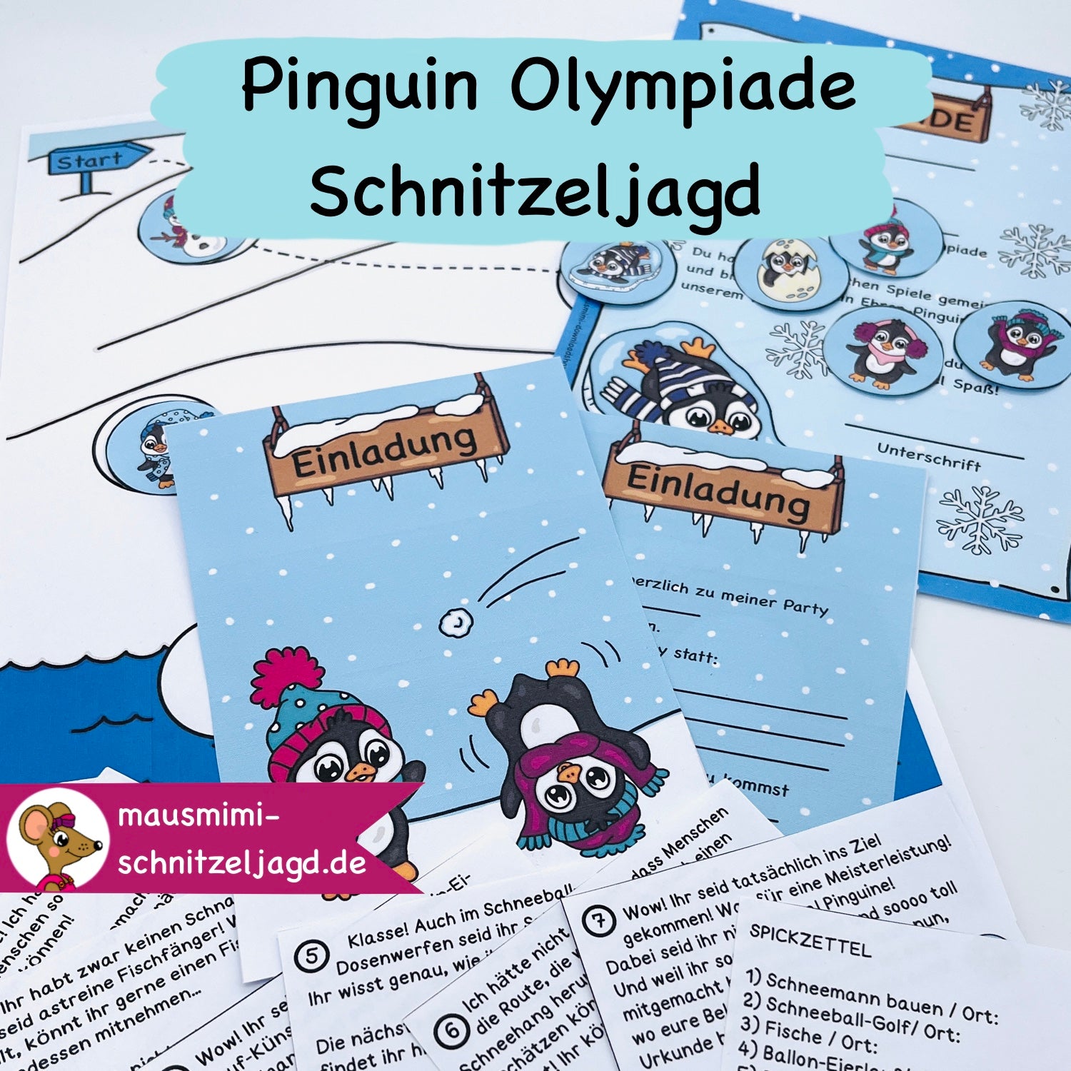 Aktive Schnitzeljagd/ Schatzsuche „Pinguin - Winter Olympiade“ für Kinder von 6-10 Jahren.  Hier siehst du die Schatzkarte mit den Stationen, die passende Einladung zum Geburtstag sowie die Urkunde für alle Teilnehmer/ Gäste
